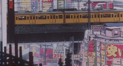 Image d'intro, traintraversant la ville — Perfect Blue